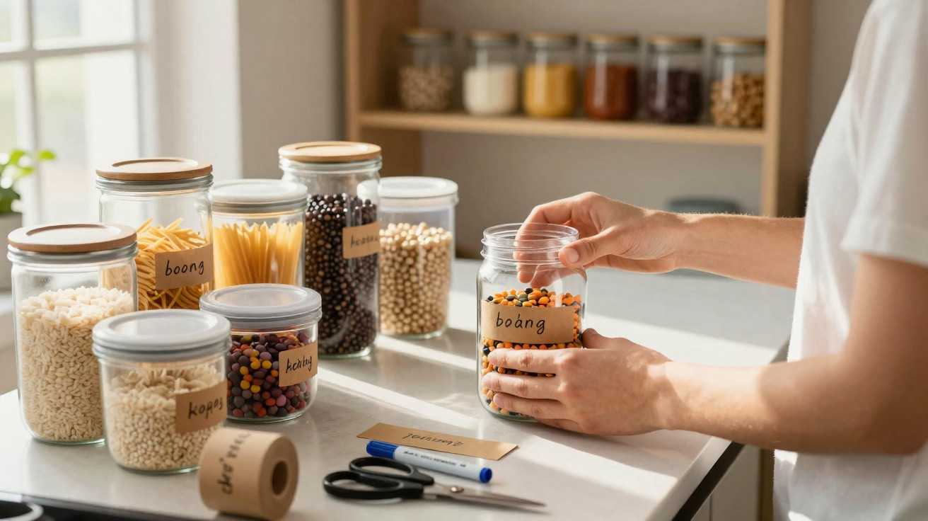 Person beschriftet Vorratsglas mit Hülsenfrüchten in hellem Küchenraum mit weiteren Gläsern im Hintergrund.