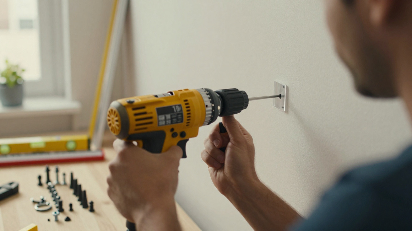 Person, die mit einem Akkuschrauber eine Schraube in eine Wand dreht, Werkzeug auf Tisch im Hintergrund.