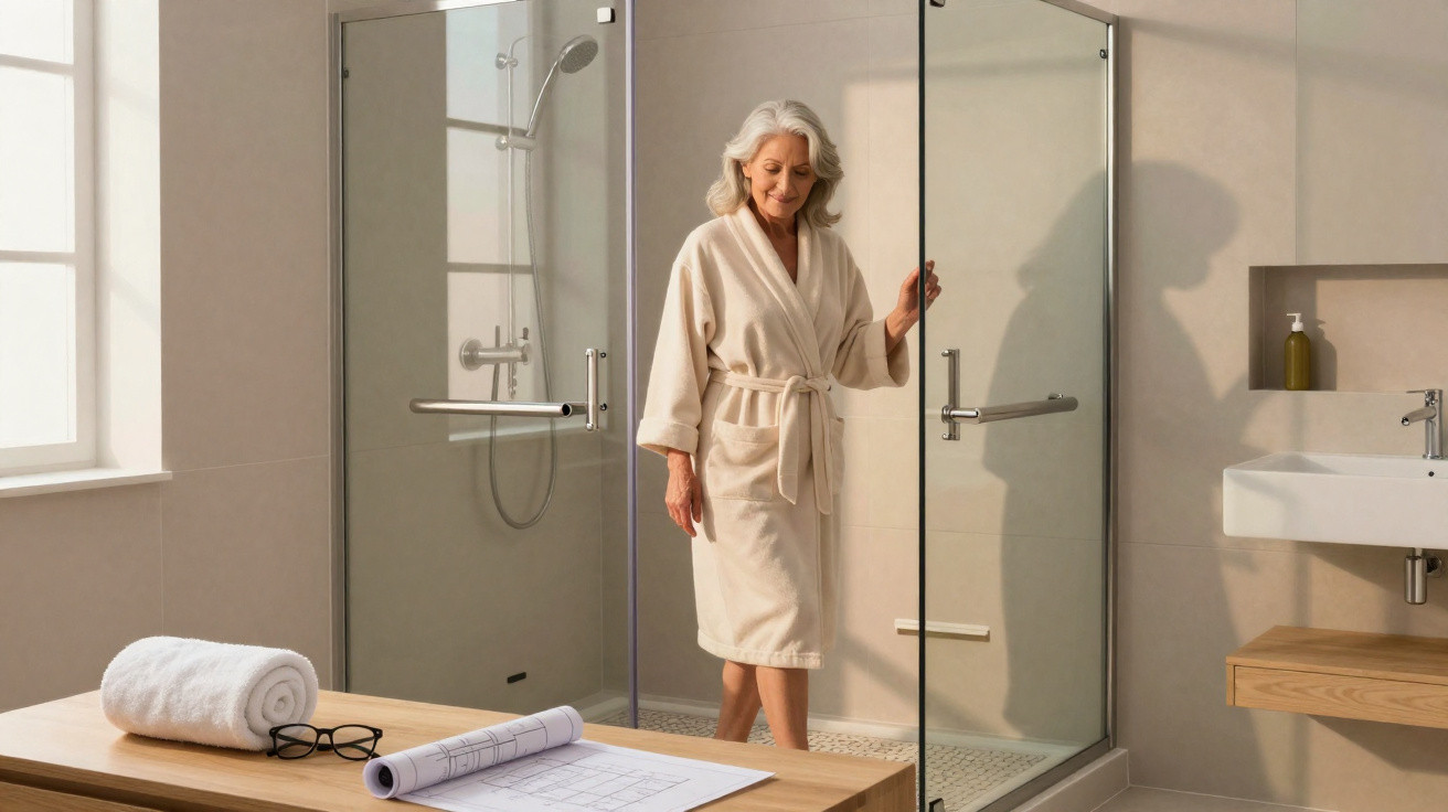 Ältere Frau in Bademantel öffnet die Glastür zu einer modernen, hellen Dusche im Badezimmer.