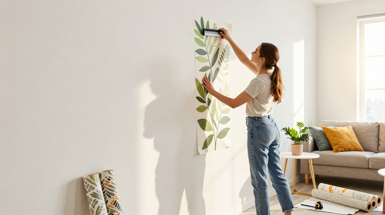 Frau hängt Tapetenmuster mit Blattdesign an helle Wohnzimmerwand mit Sofa und Pflanzen.