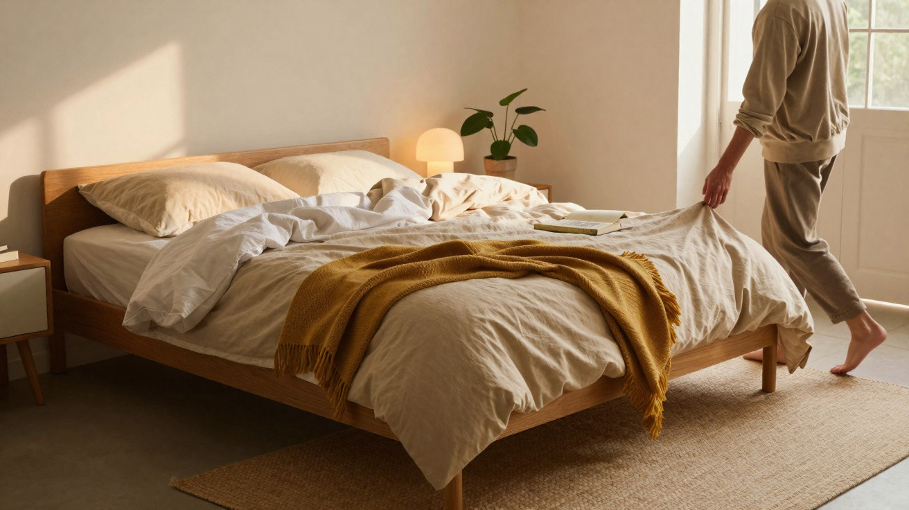 Person macht Bett in minimalistischem Schlafzimmer mit Holzmöbeln und gedeckten Farben.