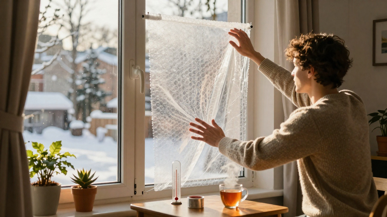 Junge Person klebt Luftpolsterfolie auf ein Fenster bei winterlicher Außensicht zur Isolierung.