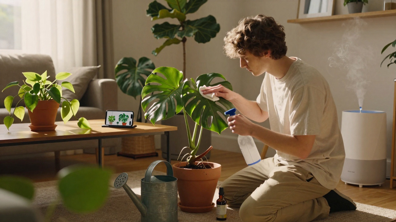 Junger Mann pflegt Monsterapflanze mit Sprayflasche in hellem Wohnzimmer mit weiteren Pflanzen.