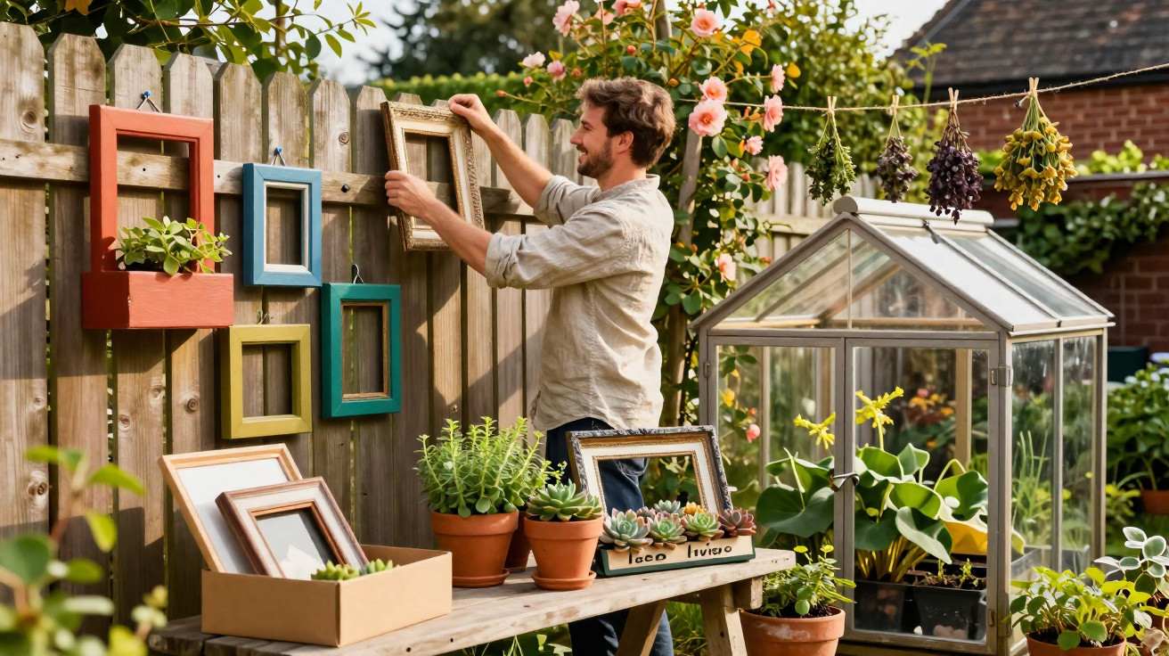 Mann hängt leere Bilderrahmen an einen Gartenzaun neben Kräutertöpfen und einem Mini-Gewächshaus.