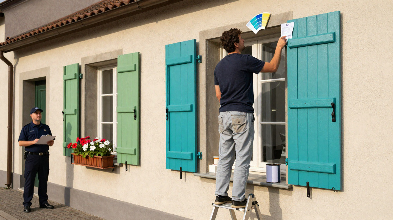 Mann klebt Zettel an ein Fenster mit blauen Fensterläden, Polizist beobachtet ihn.