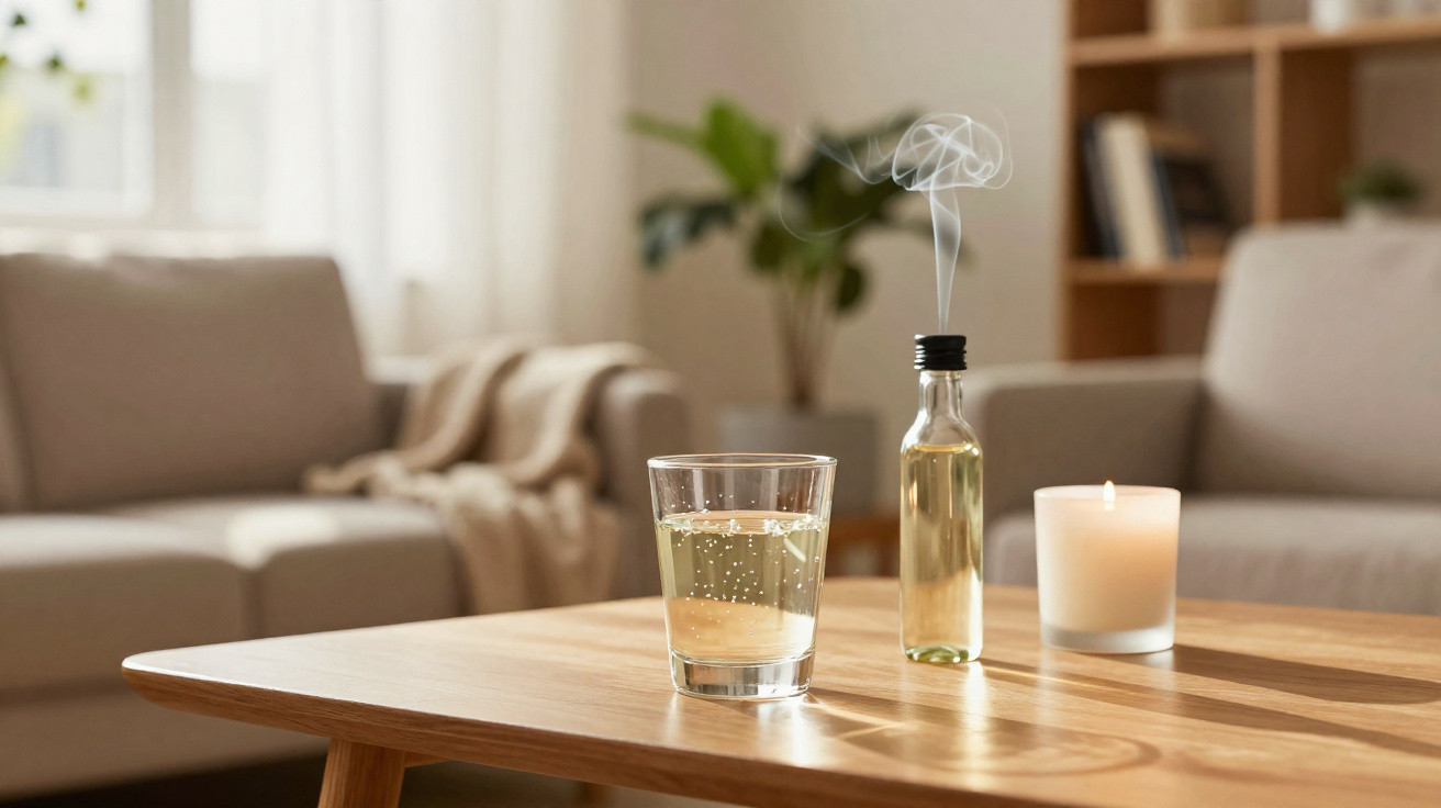 Wohnzimmer mit Holztisch, Glas Wasser, Duftöl mit Rauch und brennender Kerze im Hintergrund.