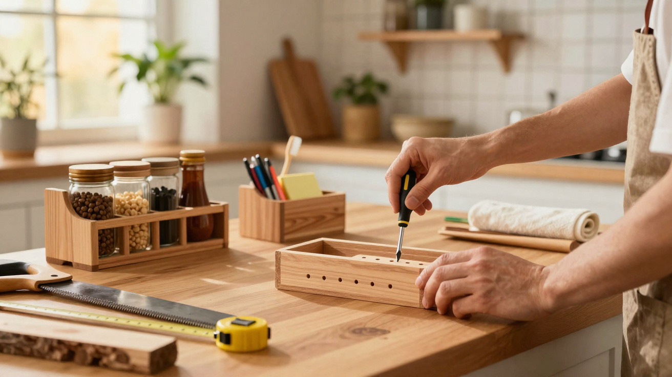 Person arbeitet mit Schraubenzieher an einem kleinen Holzprojekt in einer hellen Küche.