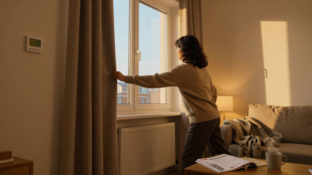 Frau öffnet Vorhang in gemütlichem Wohnzimmer mit Sofa, Zeitung und dampfendem Kaffeebecher am Tisch.