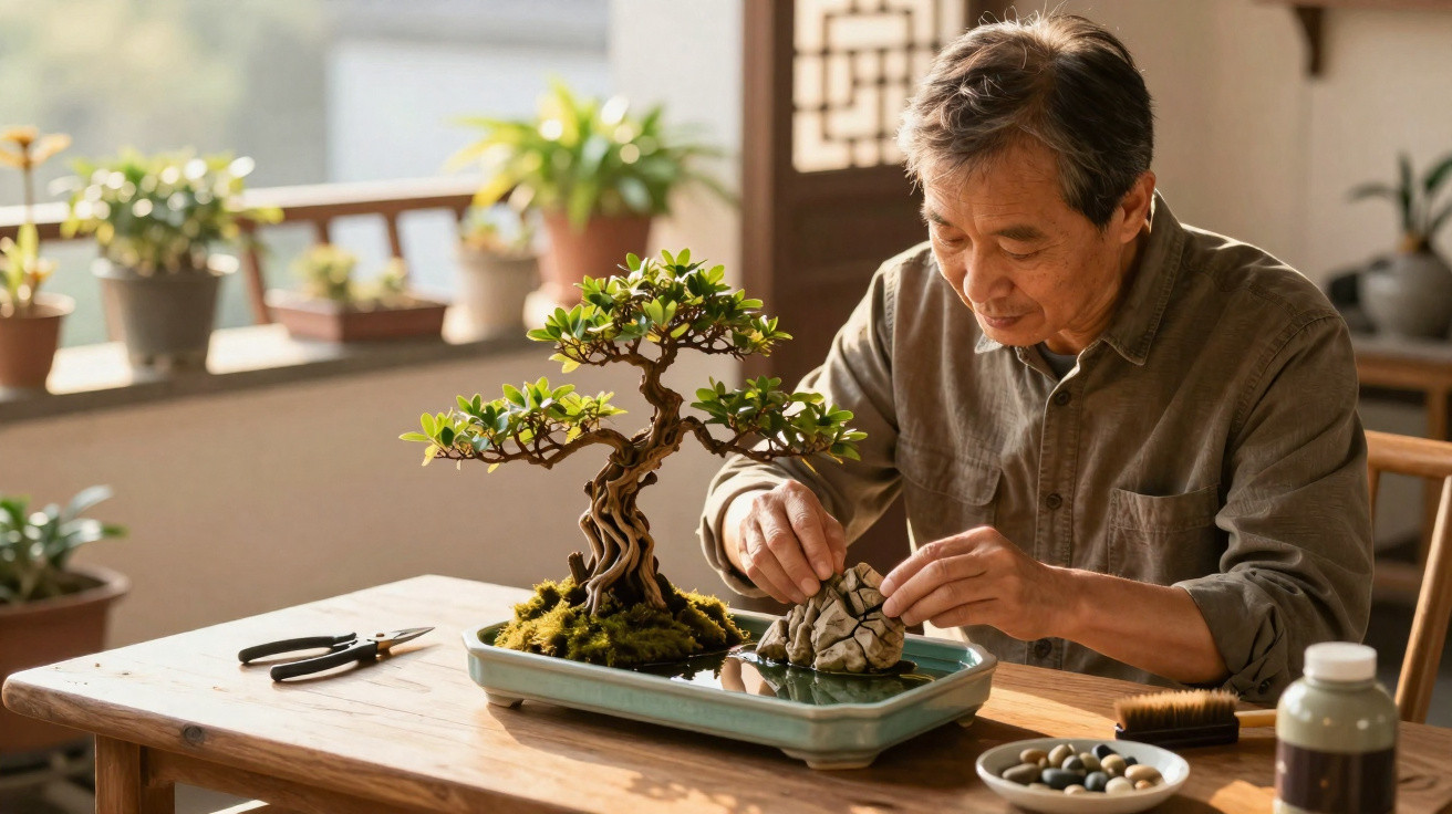Älterer Mann pflegt Bonsai-Baum auf Holztisch in einem hellen, gemütlichen Raum.