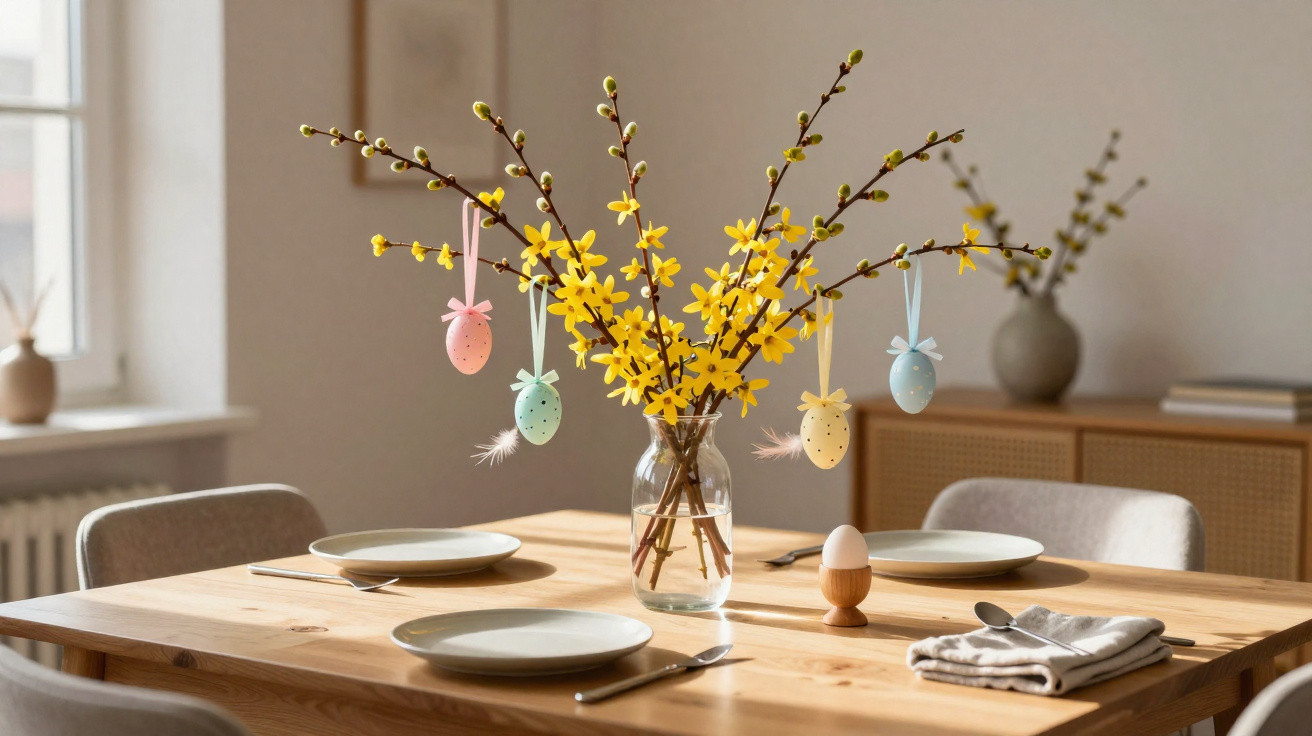 Ostertisch mit Vase, gelben Blumen und hängenden bunten Ostereiern in modernem Esszimmer.