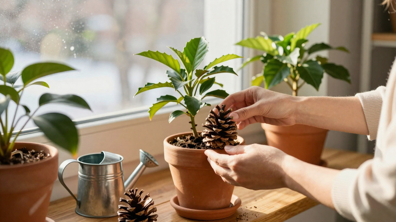 Person legt eine Kieferzapfen als Deko in einen Blumentopf neben zwei weitere Pflanzen am Fensterbrett.