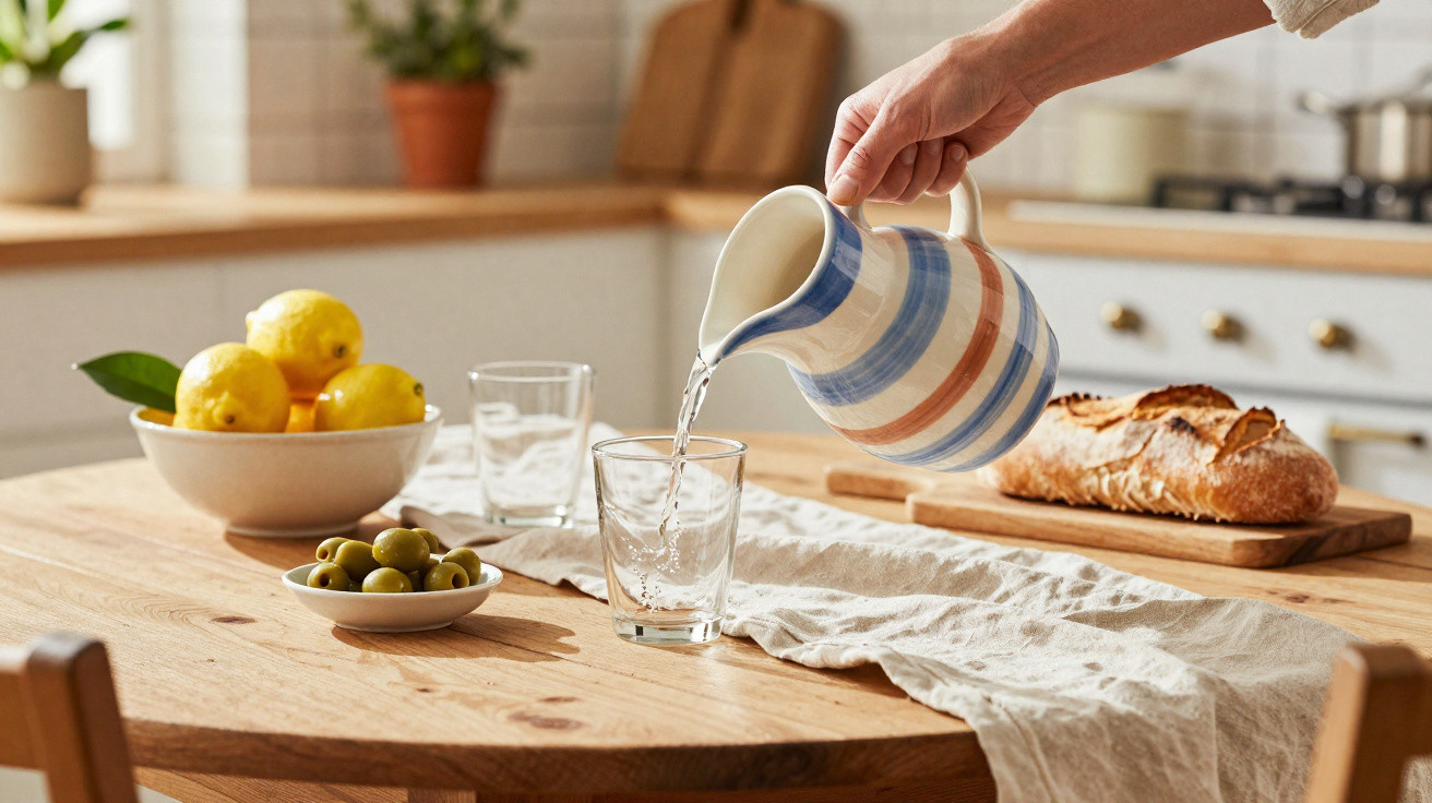 Wasser wird aus einem Krug in ein Glas auf einem Holztisch mit Brot, Zitronen und Oliven gegossen.