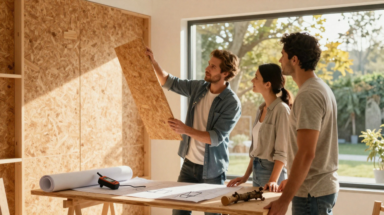 Drei Personen planen gemeinsam ein Möbelstück mit Holzplatten und Bauplänen am Tisch vor großem Fenster.