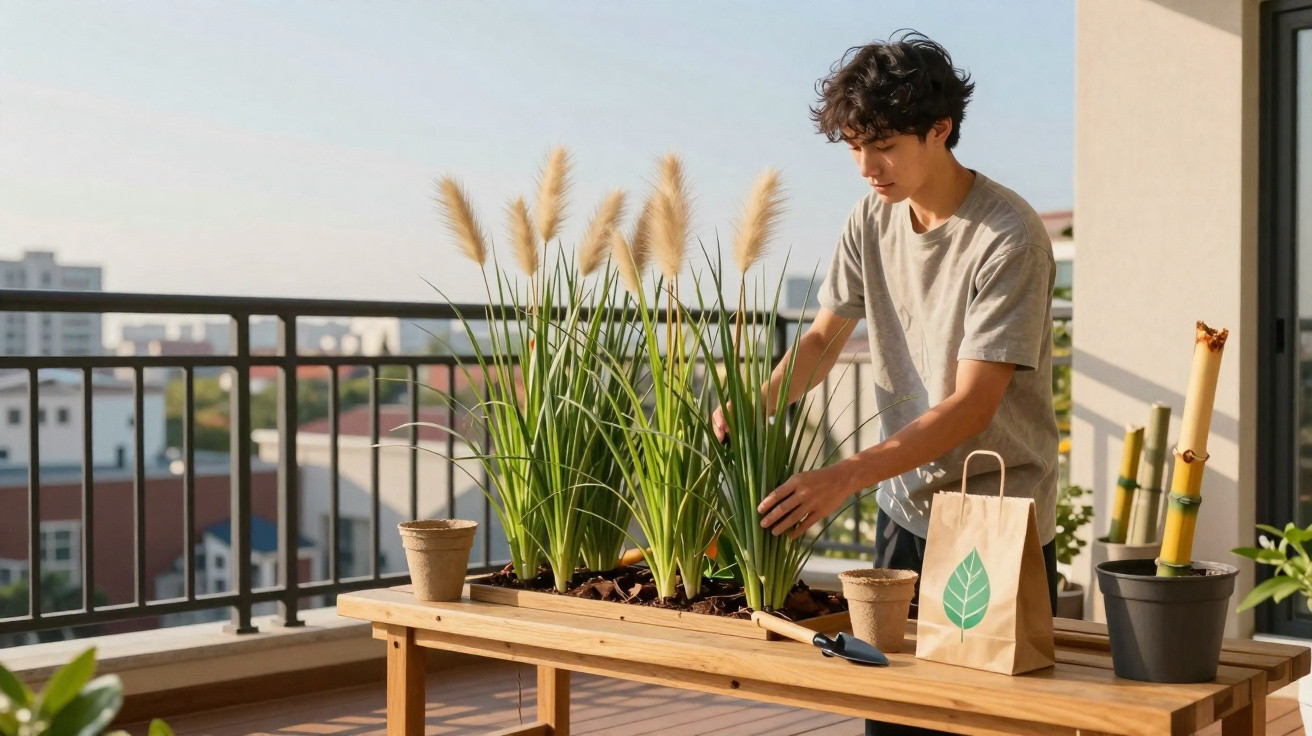 Junger Mann pflegt Pflanzen auf Balkon am Holztisch mit Gartengeräten und Tüte.
