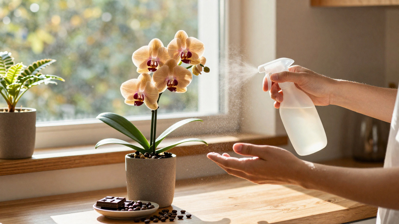 Hand sprüht Wasser mit Zerstäuber auf eine Orchidee auf der Fensterbank am sonnigen Tag.