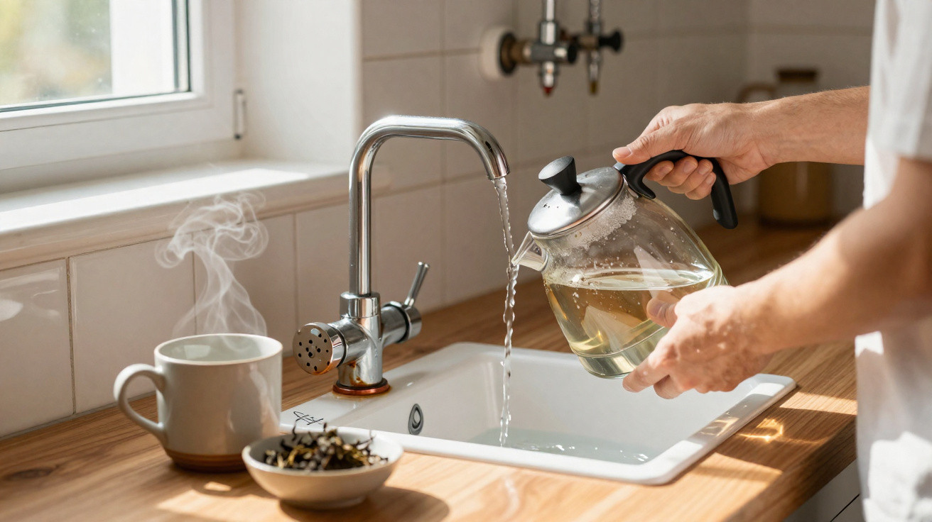 Person füllt Teekanne unter fließendem Wasser in moderner Küche am Fenster