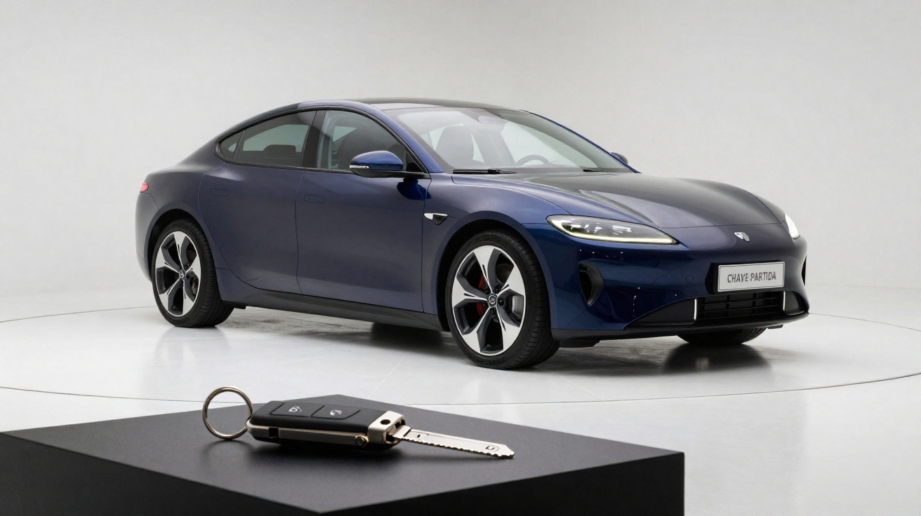 Dunkelblauer Elektro-Sportwagen in hellem Studio mit Autoschlüssel im Vordergrund auf schwarzem Podest.