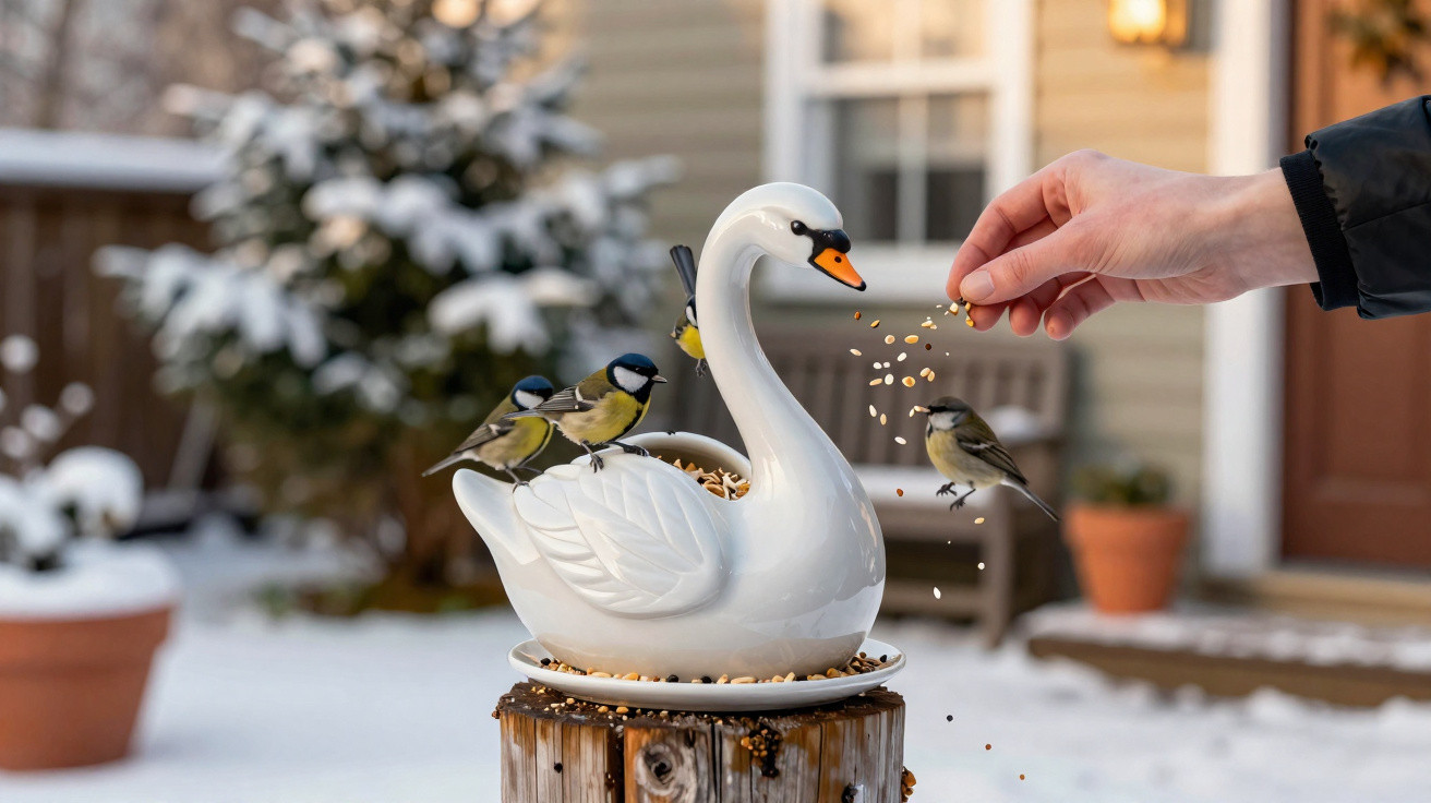 Vogelfutterspender in Schwanform mit Vögeln im Winter, eine Hand füttert die Vögel mit Samen.