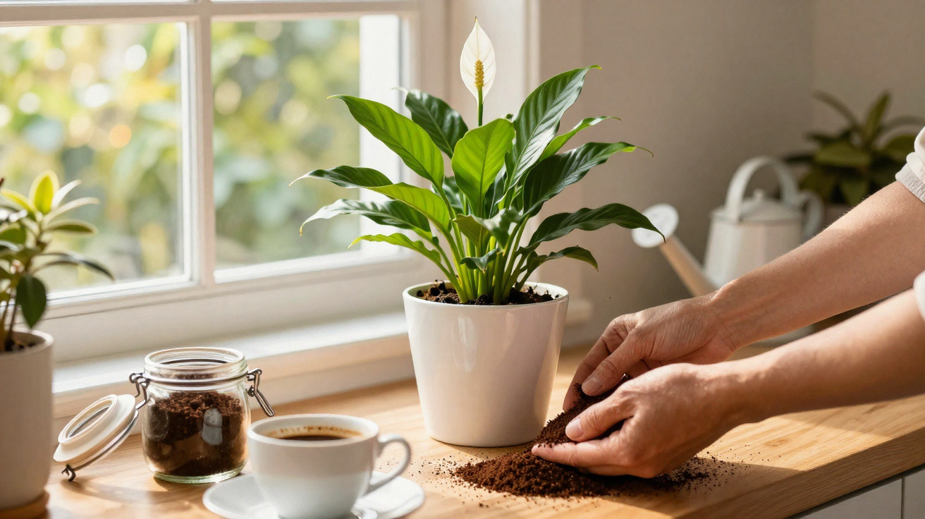Person gießt Erde neben weißem Blumentopf mit Grünpflanze auf hellem Holztisch am Fenster im Sonnenlicht.