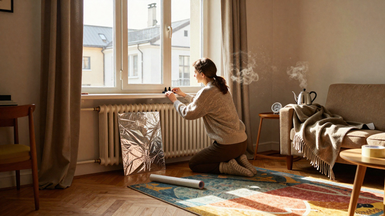 Frau kniet vor Fenster, misst mit Lineal, neben ihr dampft Wasserkocher auf beigem Sofa mit Decke.