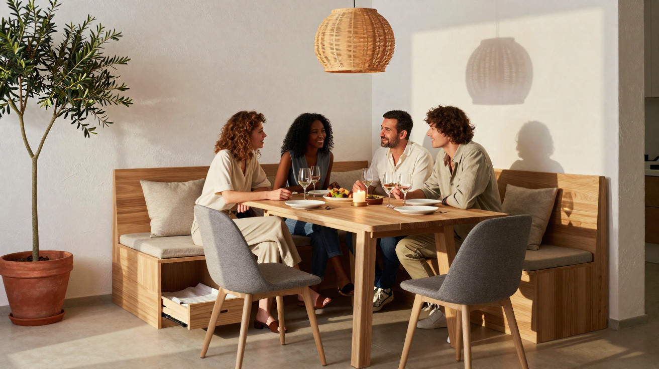 Vier Personen sitzen lächelnd an einem Holztisch in einem hellen, modernen Esszimmer.