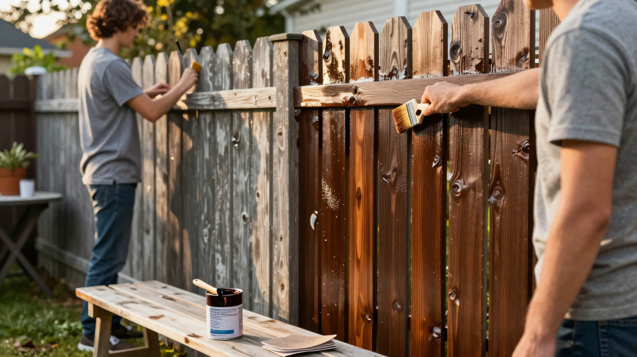 Zwei Personen streichen einen Holzzaun in einem Garten, eine frisch gestrichene, braune Hälfte und eine graue Hälfte.