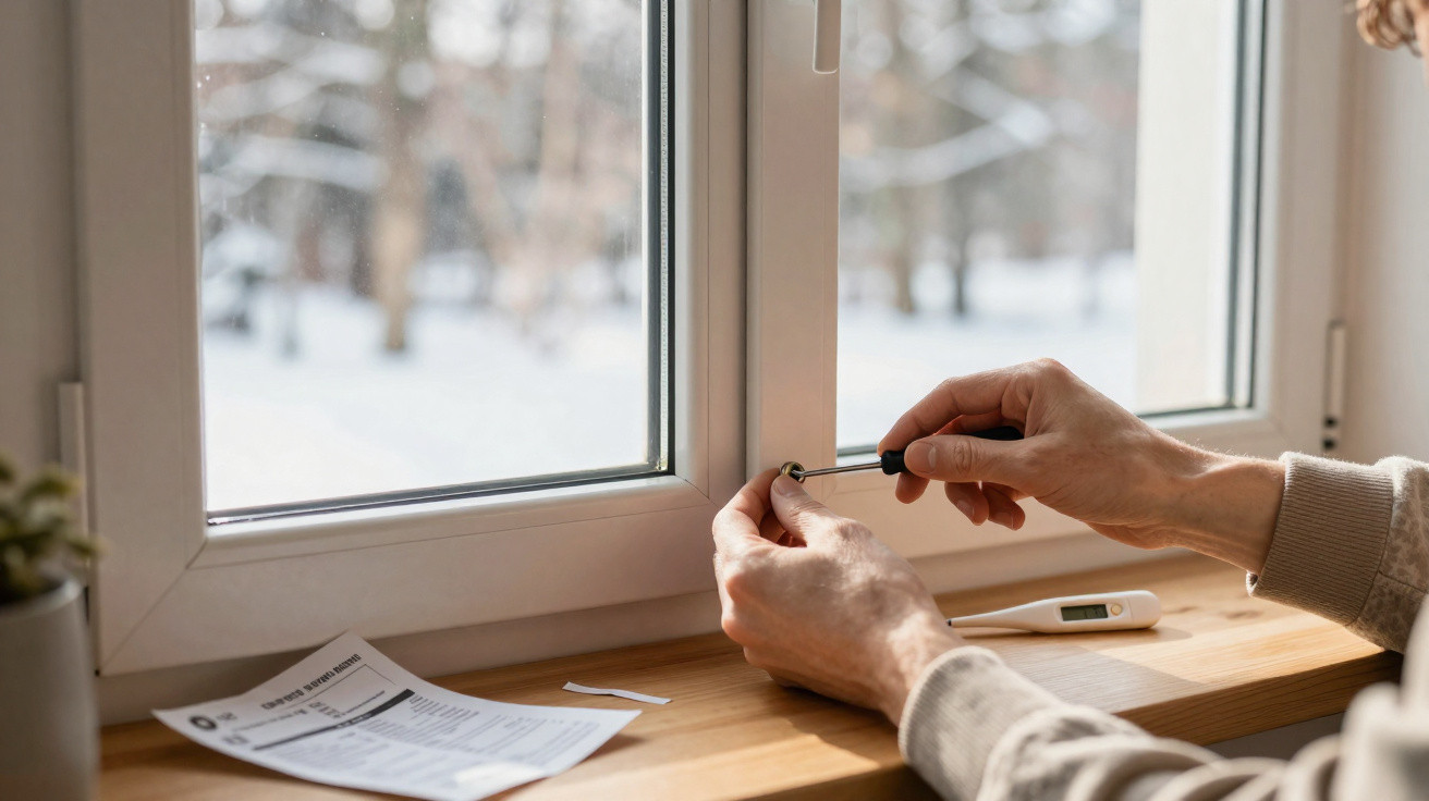 Person montiert eine Fensterverriegelung an einem weißen Kunststofffenster mit Schneelandschaft draußen.