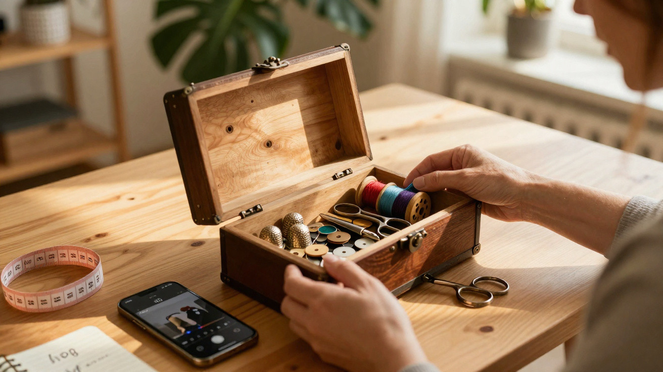 Person öffnet Nähkästchen mit Garn, Scheren und Zubehör auf Holztisch neben Smartphone und Maßband.
