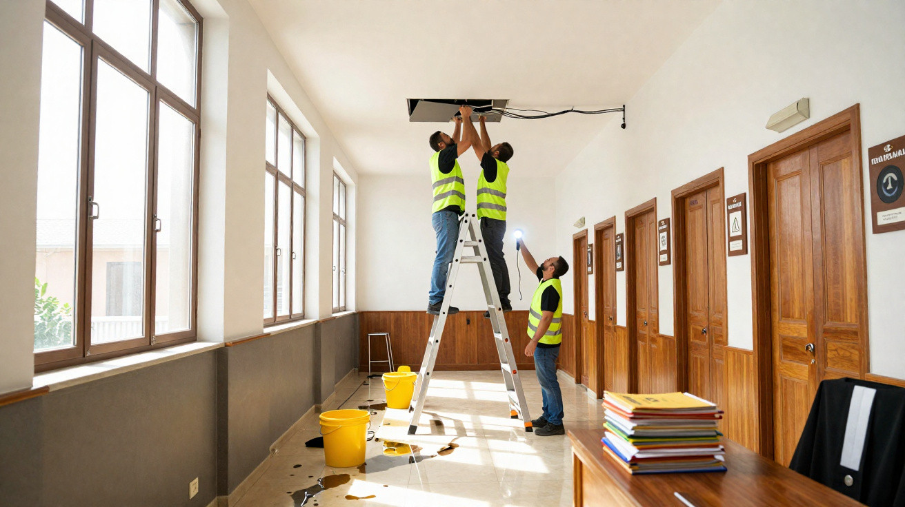 Drei Handwerker in Warnwesten reparieren eine Deckenöffnung in einem hellen Flur mit Holztüren.