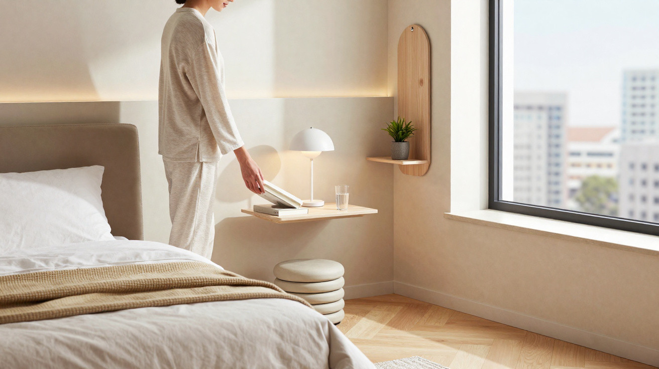 Person in bequemer Kleidung stellt Buch auf minimalistischen Wandtisch im hellen Schlafzimmer mit großem Fenster.