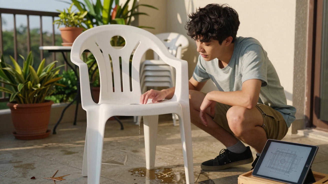 Junger Mann untersucht Wasserleck an weißem Kunststoffstuhl auf sonnigem Balkon neben Tablet mit Bauplan.