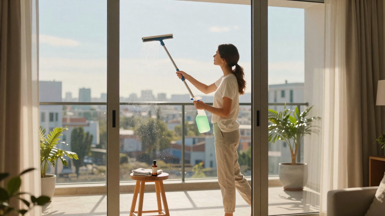 Frau wischt mit Abzieher eine große Glasfenstertür auf sonnigem Balkon mit Stadtblick.