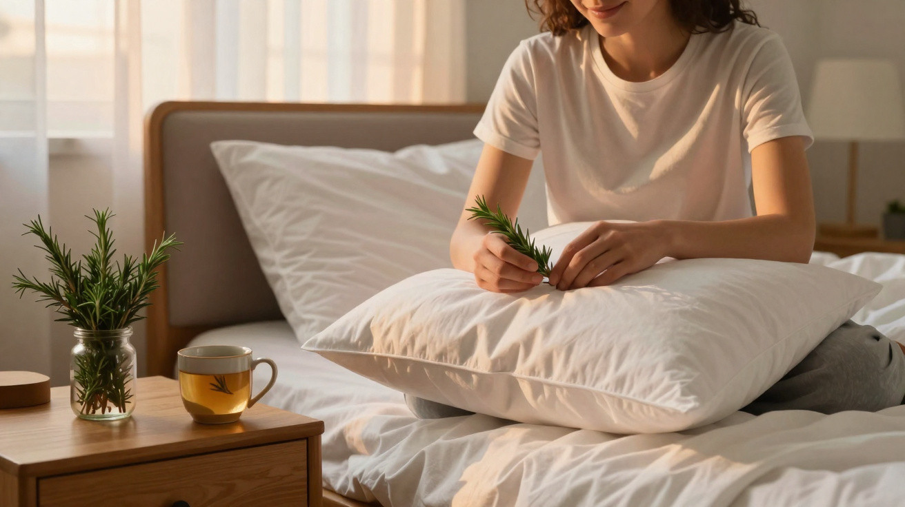 Frau sitzt im Bett mit Kissen und hält Zweig, daneben Fenster, Nachttisch mit Tee und Rosmarinzweig.