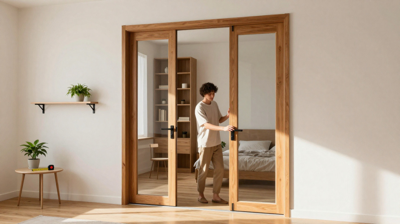 Junge öffnet eine elegante, helle Holztür mit Glas zu einem Schlafzimmer in modernem, minimalistischem Raum.