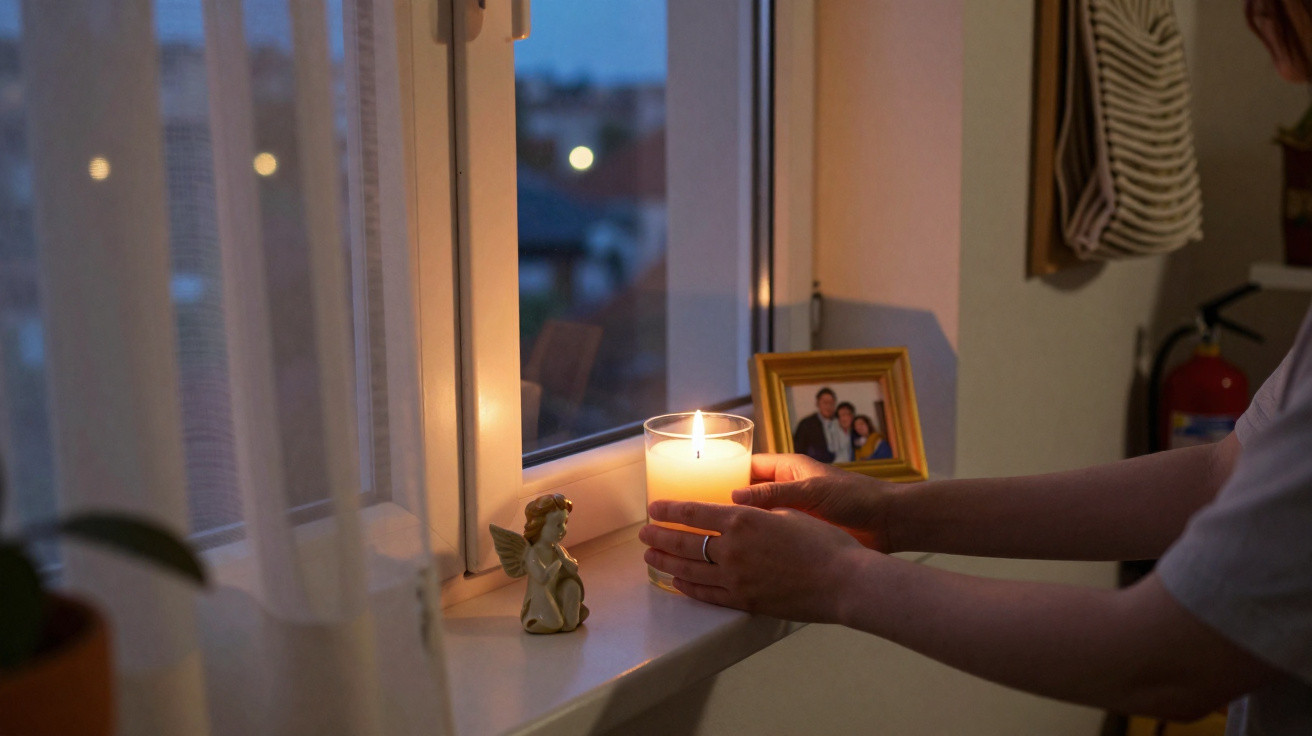 Person stellt brennende Kerze auf Fensterbank mit Engelfigur und Familienfoto bei Dämmerung ab.
