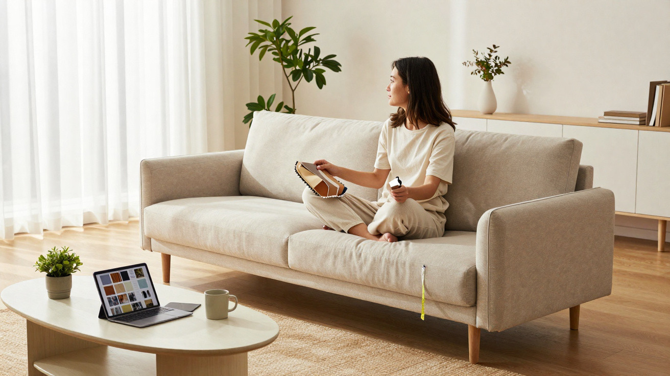 Frau sitzt mit Nähzubehör auf beige Couch, arbeitet an Stoff und blickt zum Fenster im hellen Wohnzimmer.