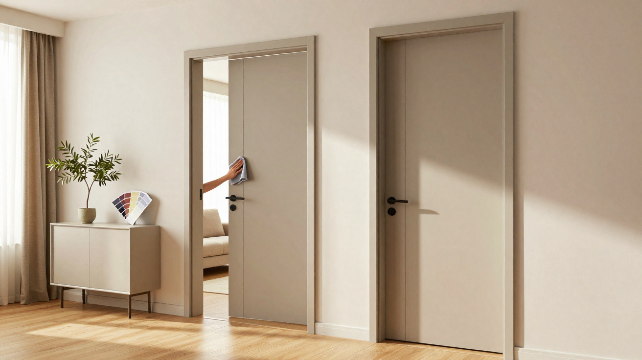 Moderner Innenraum mit zwei geschlossenen Türen und einem Arm, der eine Tür putzt, neben Sideboard mit Pflanze und Farbfächer