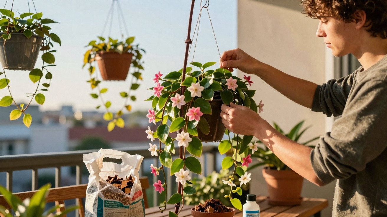Junger Mann pflegt blühende Hängepflanze auf einem sonnigen Balkon mit weiteren Pflanzen im Hintergrund.