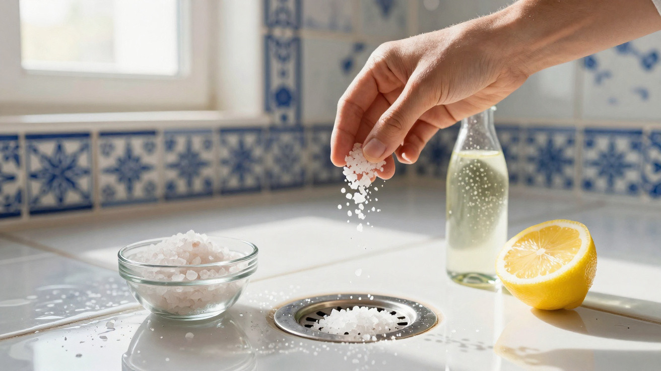 Hand streut grobes Meersalz in Abfluss auf weißer Arbeitsfläche neben Zitrone und Glasflasche.