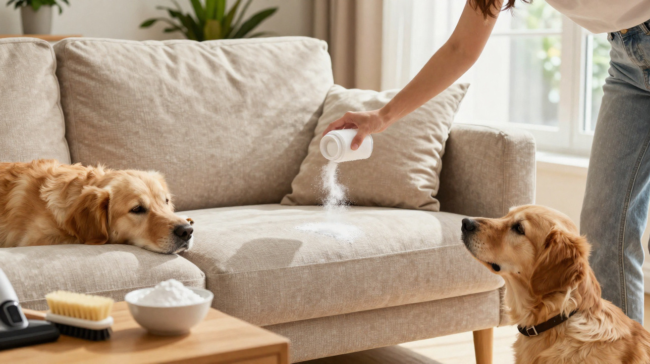 Frau streut Backpulver auf Sofa, während zwei Golden Retriever Hunde daneben sitzen und schauen.