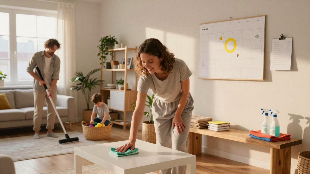Frau wischt Tisch, Mann saugt Teppich und Kind spielt mit bunten Bällen im hellen Wohnzimmer.