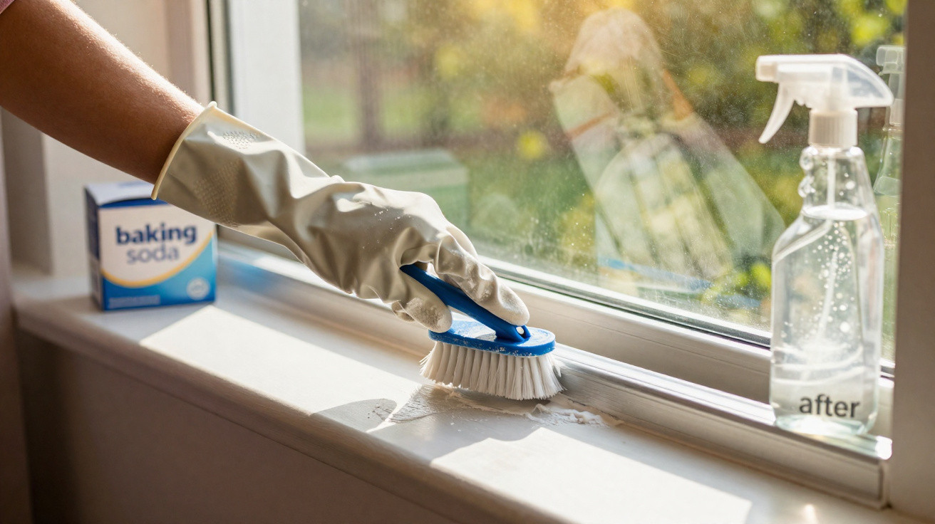 Hand mit Handschuh schrubbt Fensterbank mit Bürste, Backpulver und Sprühflasche daneben.
