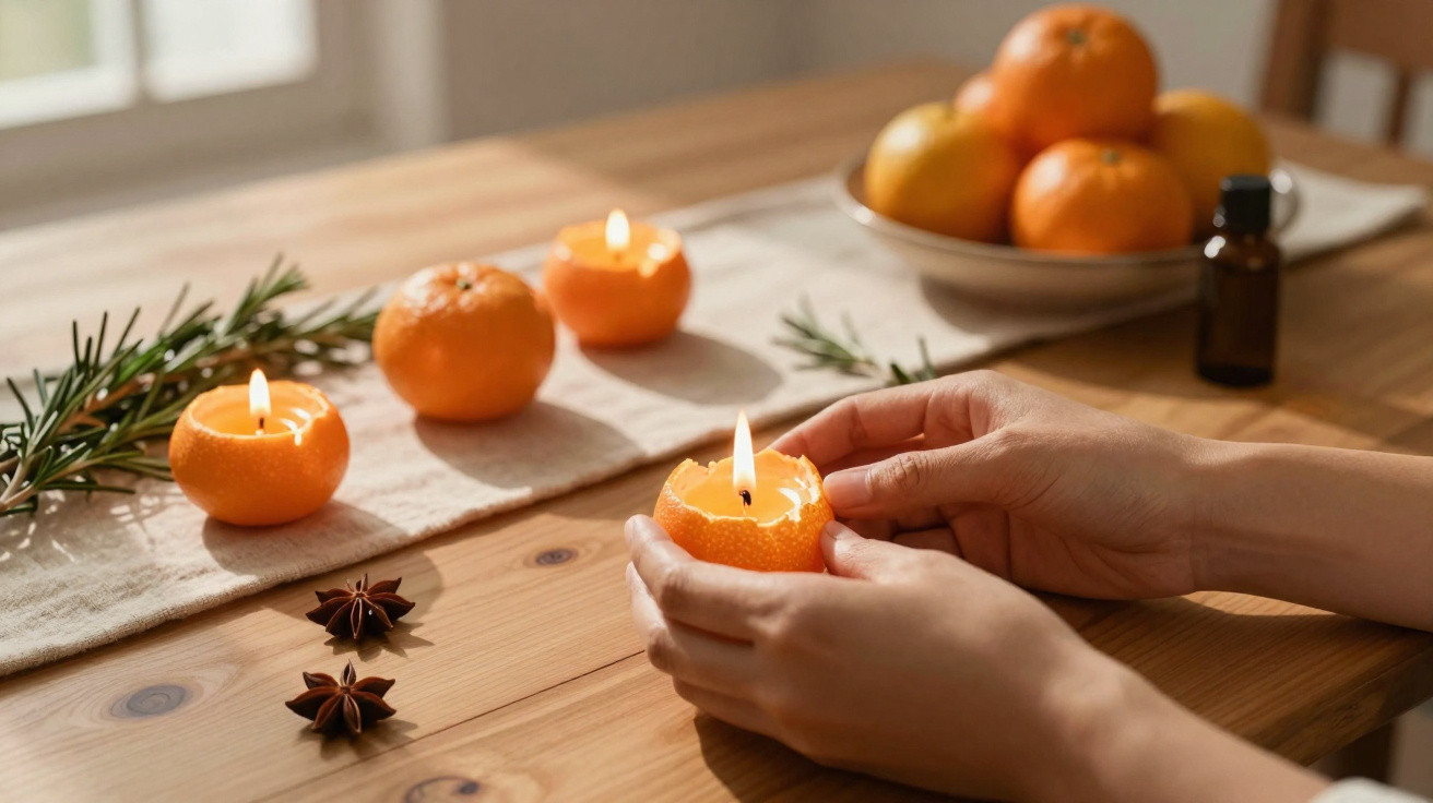 Hände halten eine Mandarinenkerze, weitere Mandarinenkerzen, Gewürze und Orangen auf Holztisch mit natürlichem Licht.