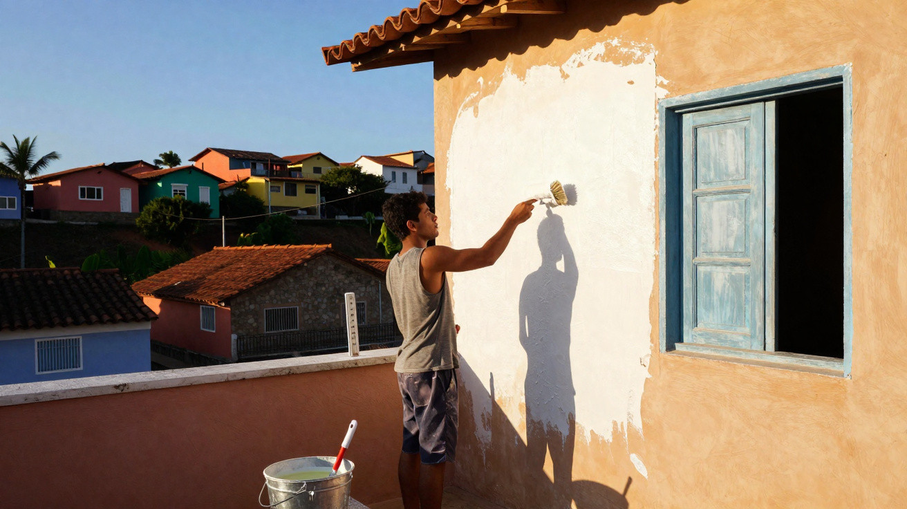 Mann streicht eine Außenwand eines Hauses weiß auf einer sonnigen Terrasse mit bunten Häusern im Hintergrund.