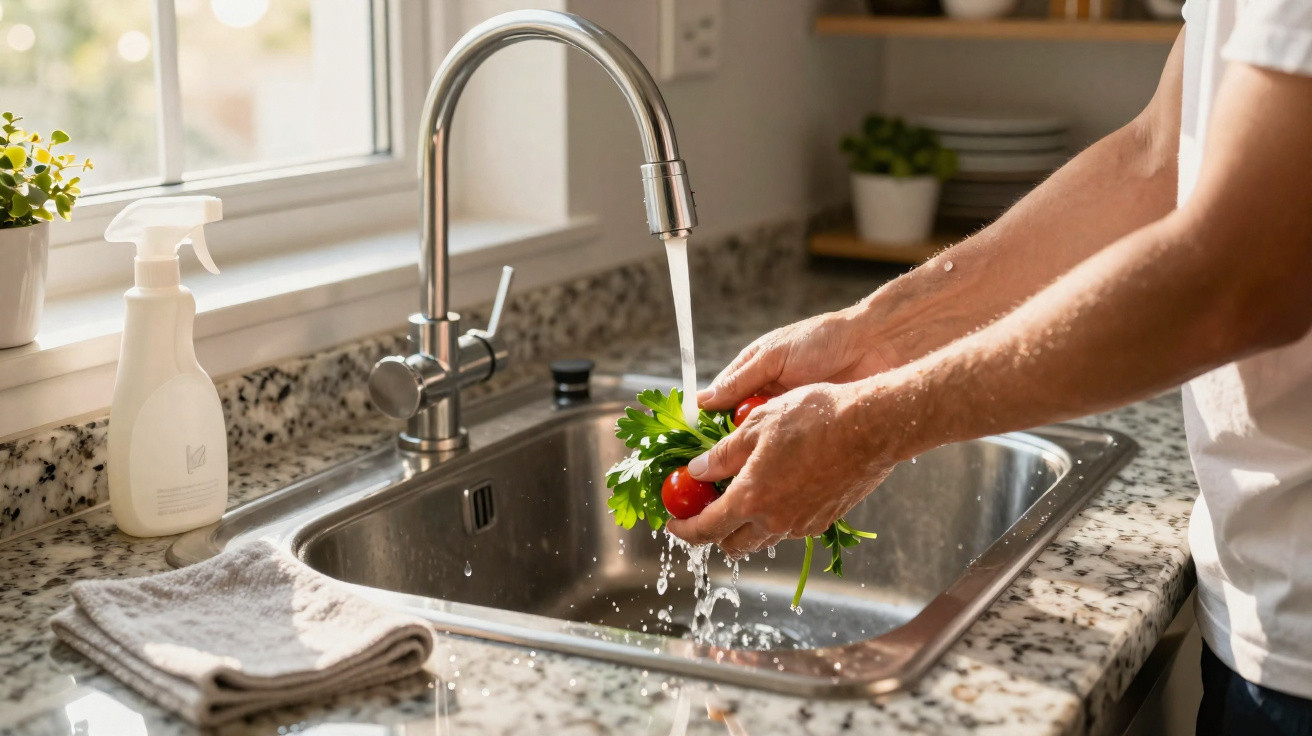 Person wäscht Tomate und frische Kräuter unter fließendem Wasser in der Küchenspüle.