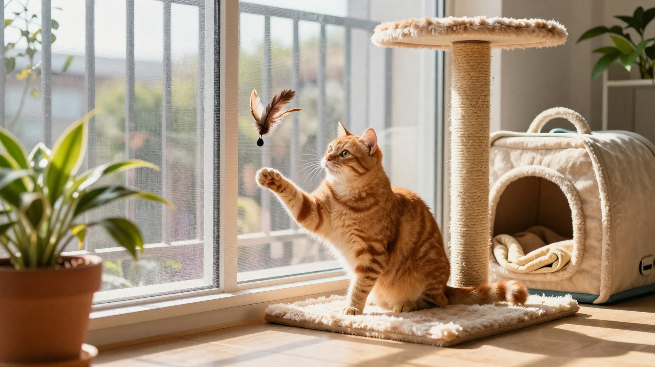 Orange getigerte Katze spielt mit Federspielzeug auf einem gepolsterten Katzenkratzbaum vor Fenster.