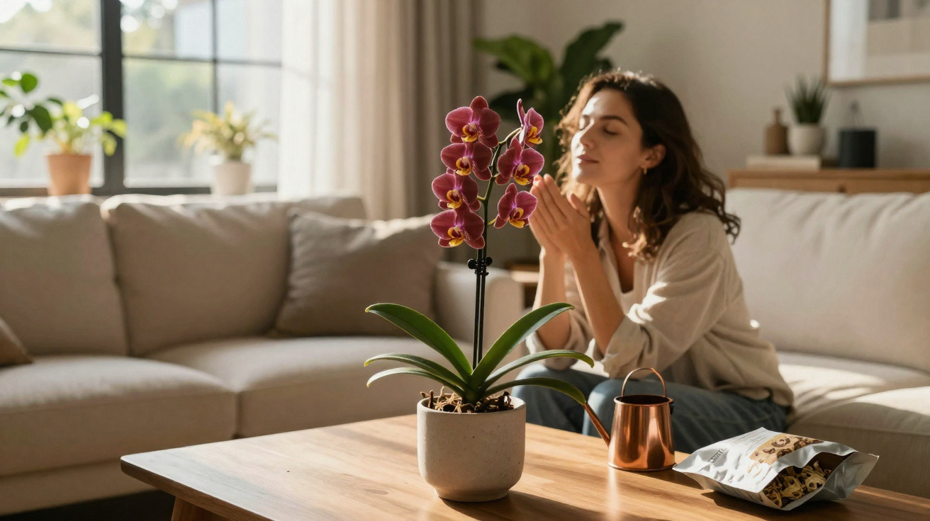 Frau genießt den Duft einer Orchidee im Topf auf einem Holztisch im gemütlichen Wohnzimmer.