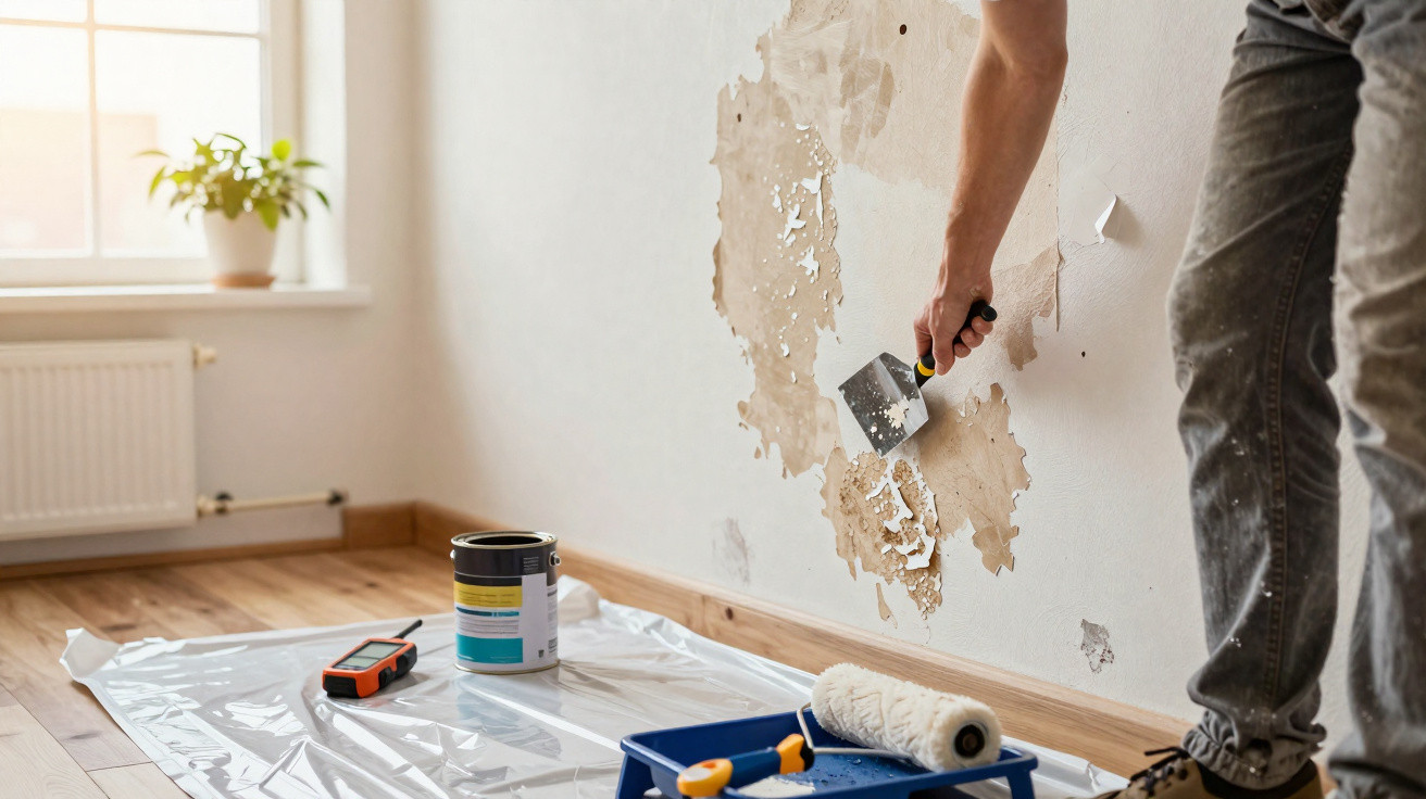 Person entfernt alte Farbe mit Spachtel von Wand, vorbereitend für Neuanstrich in hellem Zimmer.