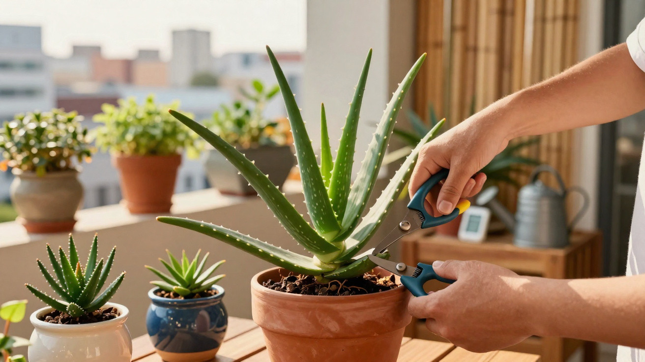 Person schneidet Aloe Vera Pflanze mit Gartenschere auf sonnigem Balkon mit weiteren Topfpflanzen.