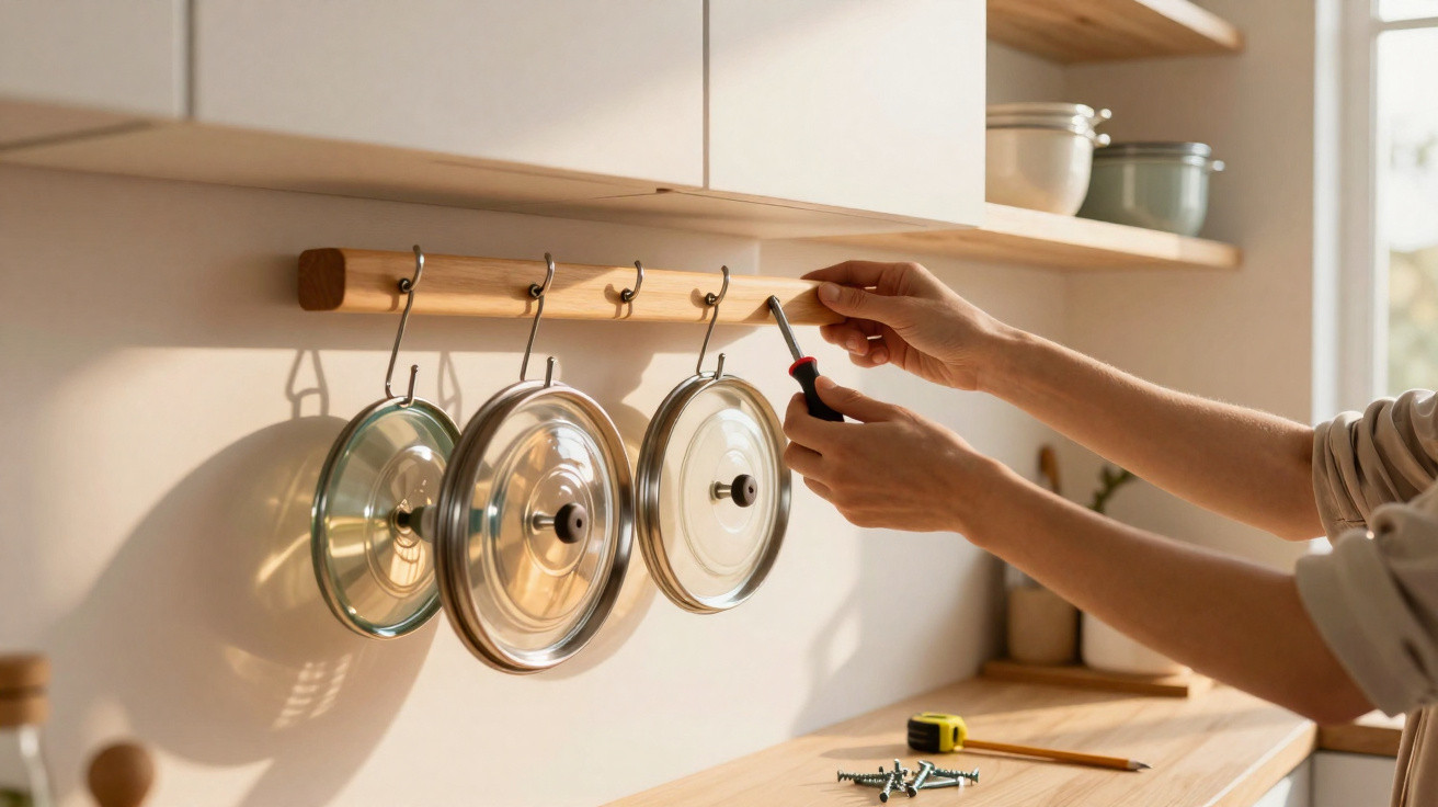 Person befestigt mit Schraubendreher Holzleiste in heller Küche, an der drei Topfdeckel hängen.